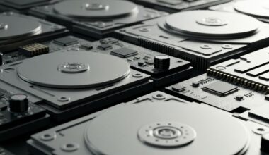 An extreme close-up of intricately engineered data storage hardware components in muted metallic tones, conveying the precision engineering and industrial might behind modern data infrastructure.