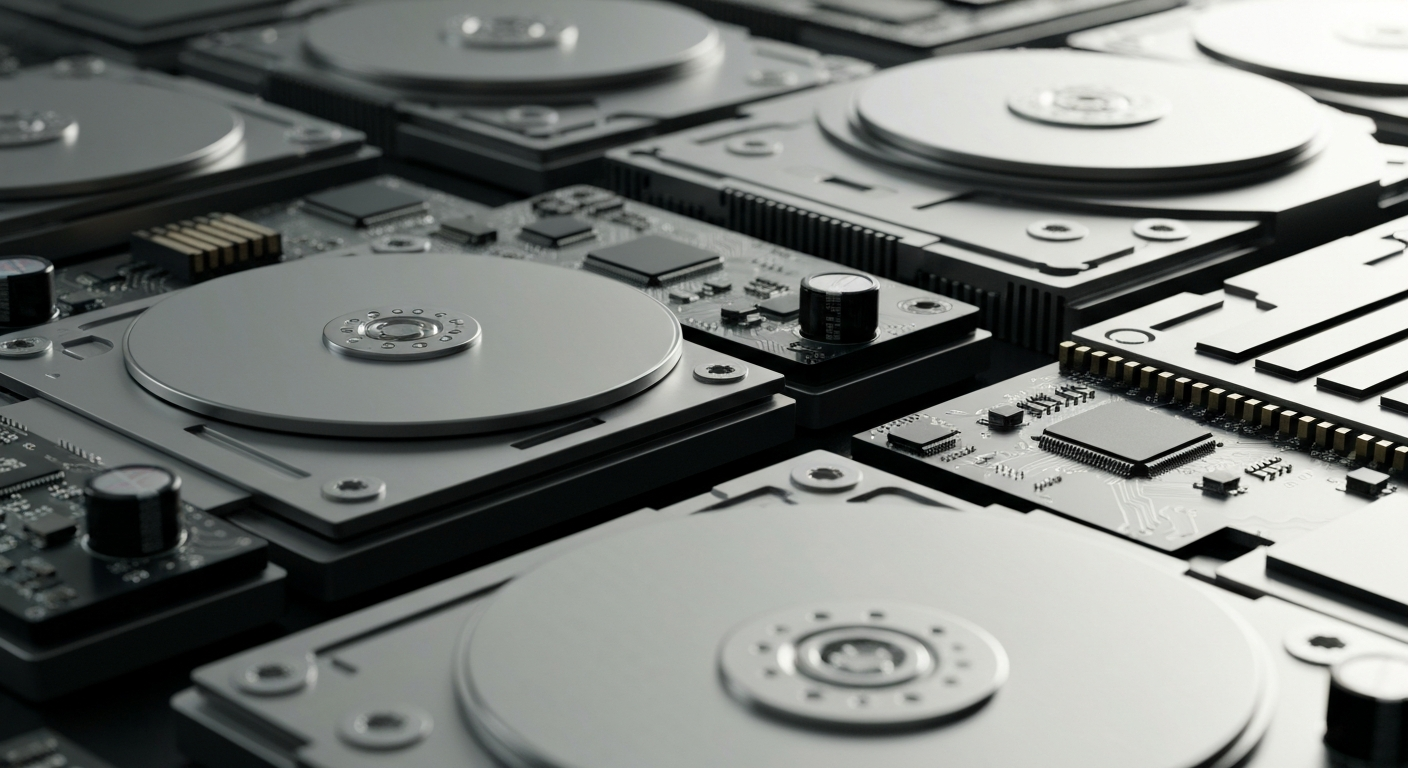 An extreme close-up of intricately engineered data storage hardware components in muted metallic tones, conveying the precision engineering and industrial might behind modern data infrastructure.