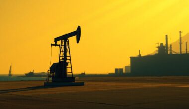 A serene, cinematic painting depicting a solitary oil pump in a coastal industrial setting, the pump bathed in warm, diagonal sunlight and deep shadows, capturing the quiet tension of the political battle over energy regulations.