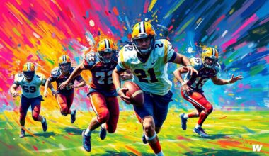 An abstract, expressionist painting in vibrant neon colors depicting the dynamic movement and energy of a flag football game, with players