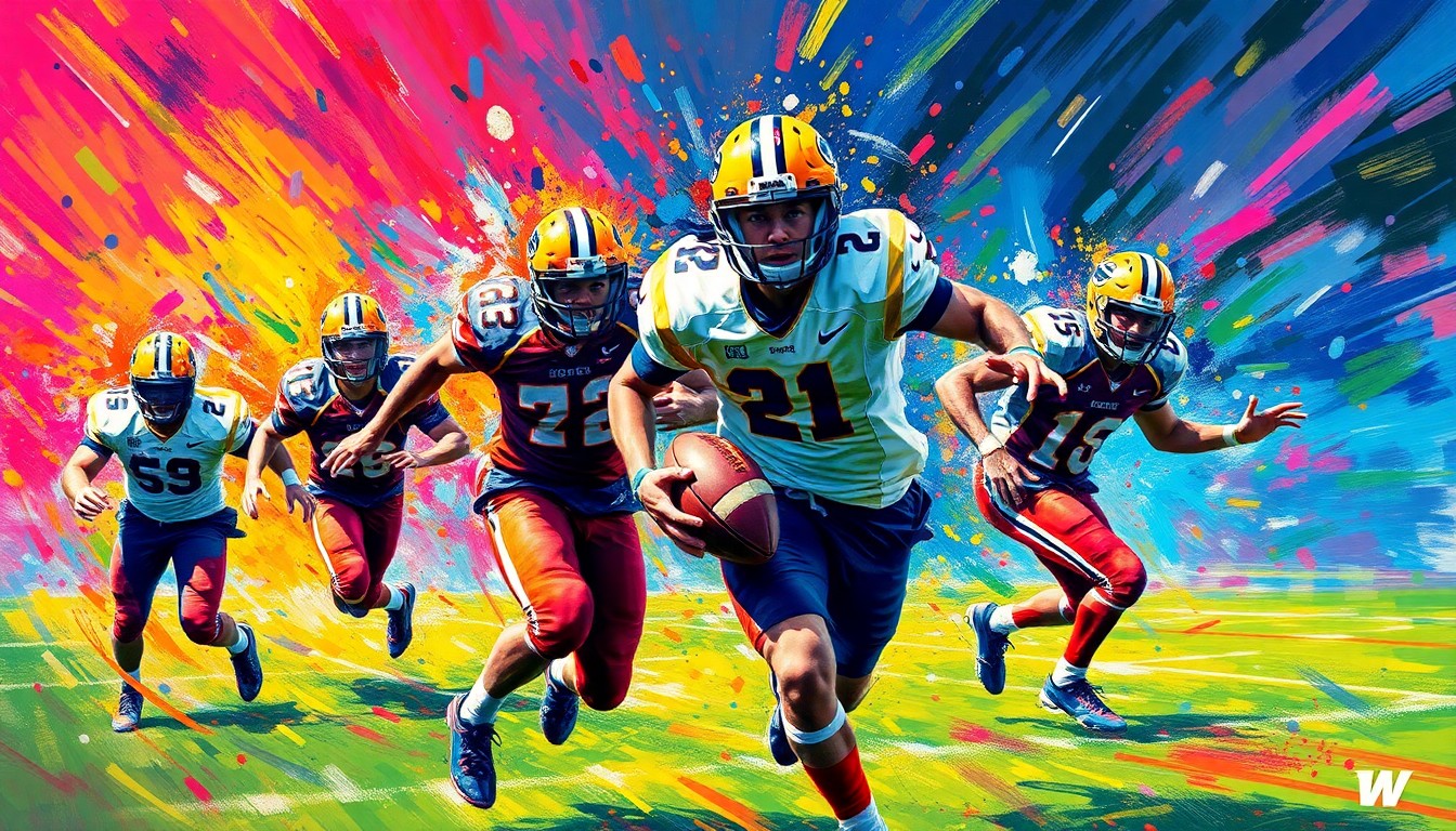 An abstract, expressionist painting in vibrant neon colors depicting the dynamic movement and energy of a flag football game, with players