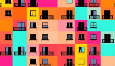 A highly stylized, abstract illustration of a luxury apartment building facade repeated in a grid pattern, using bold, neon-like colors and heavy black outlines to create a modern pop art aesthetic, conceptually representing the redevelopment of a former transit hub into upscale urban housing.