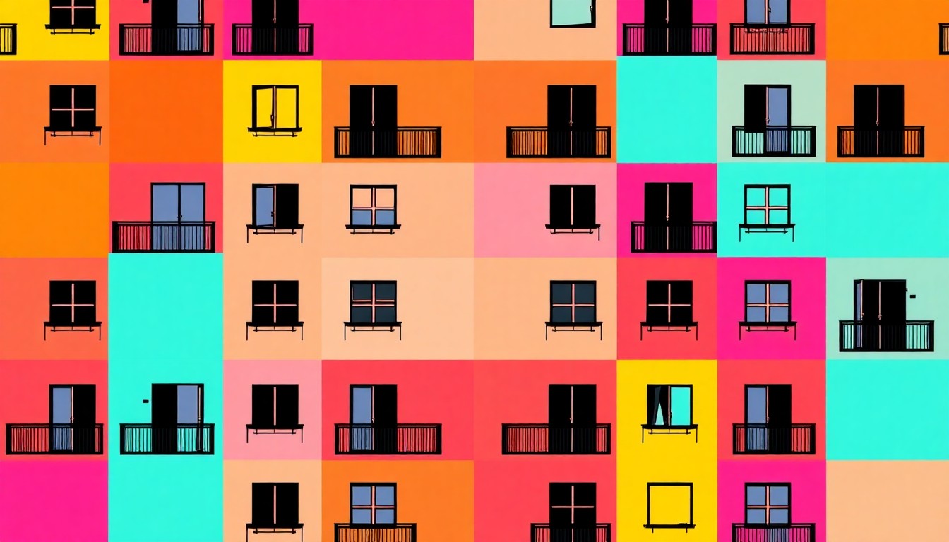 A highly stylized, abstract illustration of a luxury apartment building facade repeated in a grid pattern, using bold, neon-like colors and heavy black outlines to create a modern pop art aesthetic, conceptually representing the redevelopment of a former transit hub into upscale urban housing.