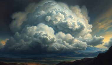 A sweeping, atmospheric landscape painting in muted tones of grey, blue, and green, with a massive, swirling storm system dominating the sky and dwarfing any physical structures or objects below, conveying a sense of the overwhelming, sublime power of nature.