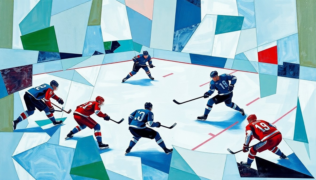 A cubist-style painting depicting a fragmented hockey game, with the players and ice represented as angular, overlapping geometric shapes in a vibrant color palette, conveying the strategic nature of the Oilers
