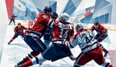 A fractured, geometric painting depicting the violent collision of two hockey players, with sharp planes of color and form conveying the intensity of the moment without showing any identifiable individuals or logos.