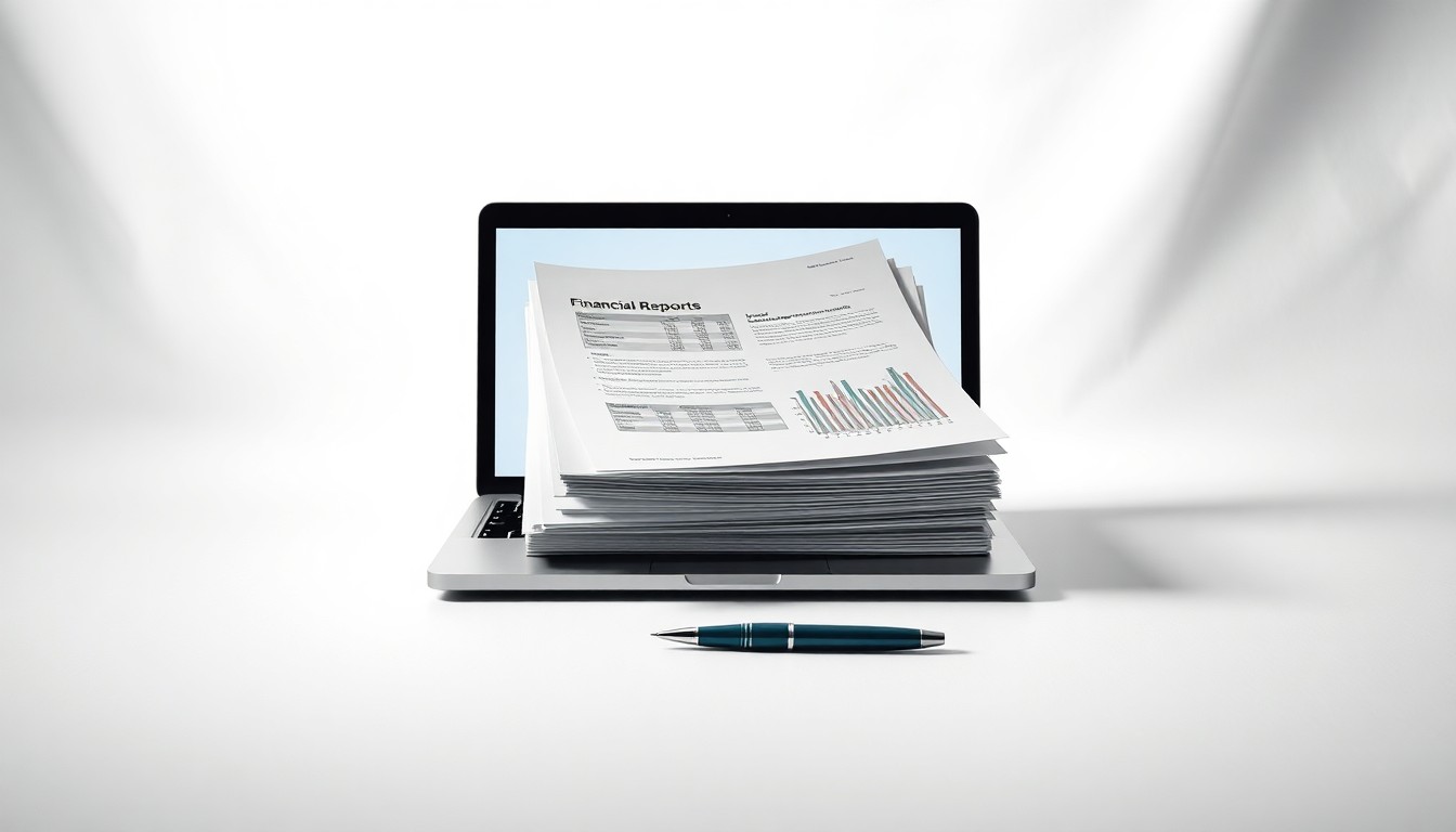 A high-end, photorealistic studio still life featuring a stack of financial reports, a laptop, and a pen arranged elegantly on a clean, white background, conveying a sense of corporate strategy and finance.