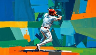 A fractured, geometric painting depicting the dynamic motion of a baseball player, with sharp planes of color and overlapping perspectives, conveying the adaptability required by the Oakland Athletics in the face of injury challenges.