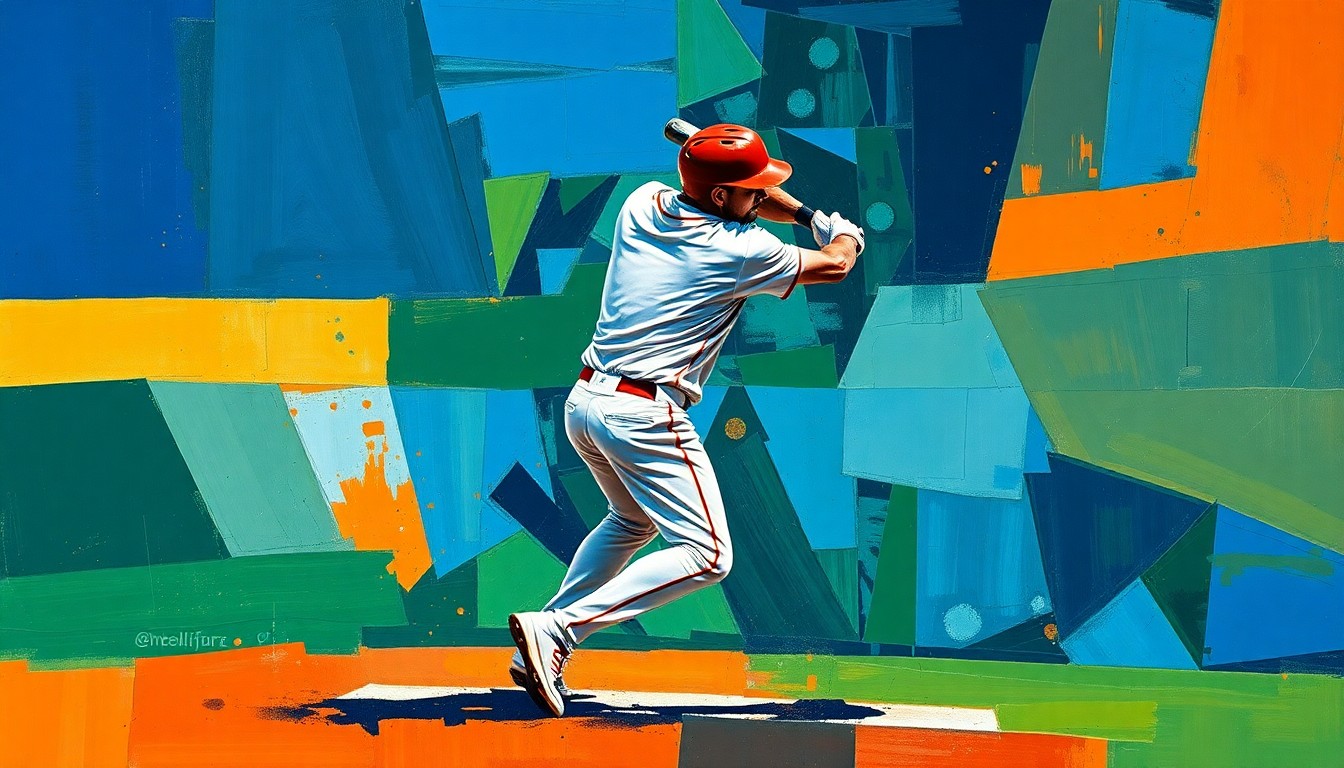A fractured, geometric painting depicting the dynamic motion of a baseball player, with sharp planes of color and overlapping perspectives, conveying the adaptability required by the Oakland Athletics in the face of injury challenges.