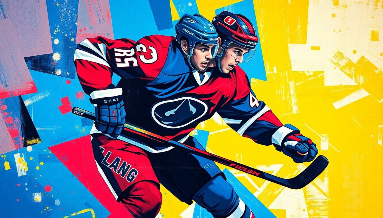 A fragmented, geometric painting depicting the fluid motions of a hockey defenseman, with sharp planes of blue, red, and yellow overlapping to create a dynamic, abstract representation of the sport.