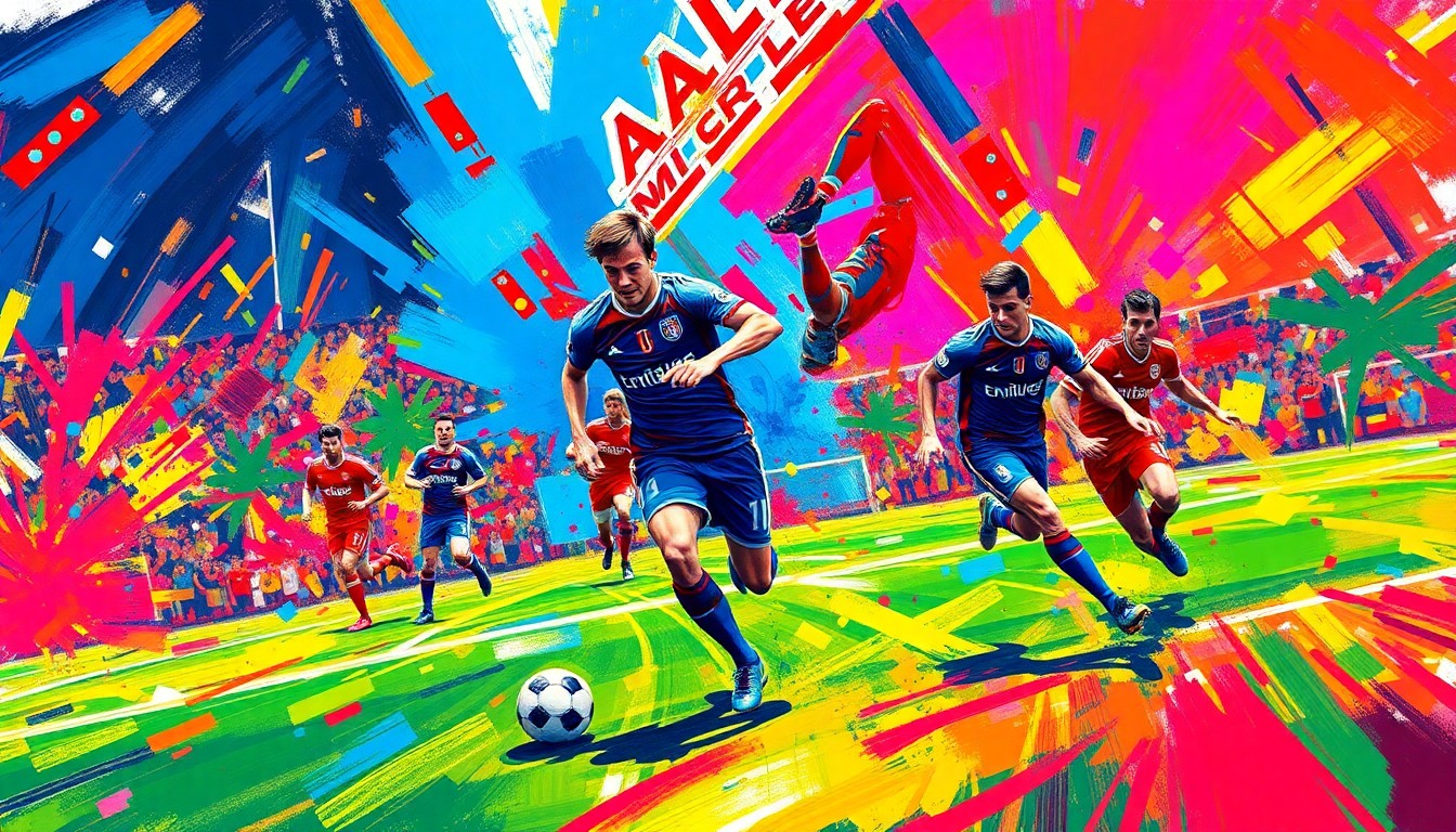 An abstract, energetic painting in neon colors, capturing the dynamic movements and raw athleticism of MLS players on the field.