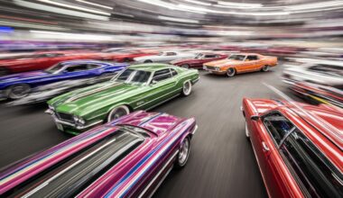 An abstract, colorful image created with motion blur, depicting a variety of custom cars in motion at the Caliber Collision car show, conveying the energy and diversity of the event.