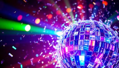 An abstract close-up photograph of shimmering, reflective disco ball shards in vibrant colors, conveying the energy and excitement of a concert cruise event.