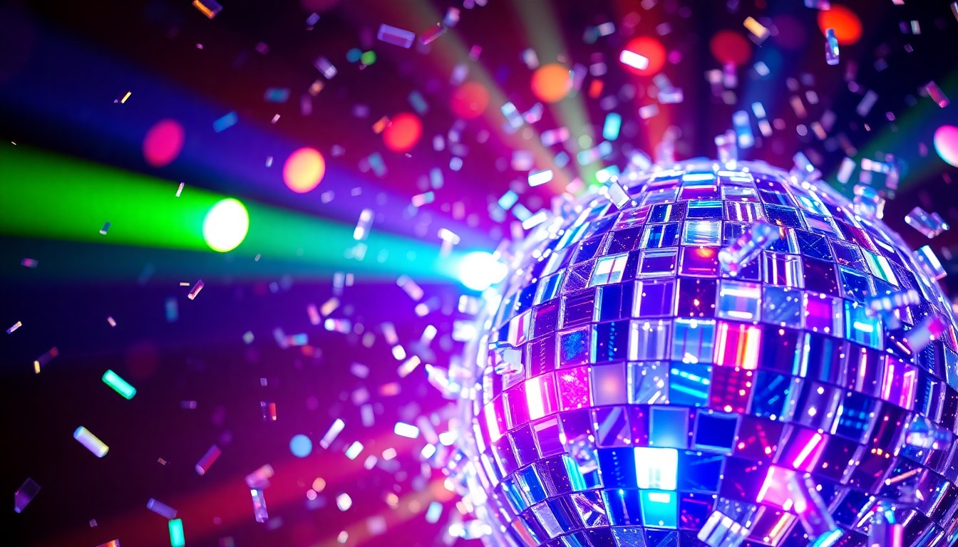 An abstract close-up photograph of shimmering, reflective disco ball shards in vibrant colors, conveying the energy and excitement of a concert cruise event.