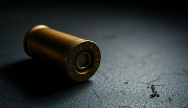 An extreme close-up of a spent .30-06 shell casing, its metallic surface reflecting the harsh light of the camera flash, conceptually representing the deadly firepower used against police during the standoff.