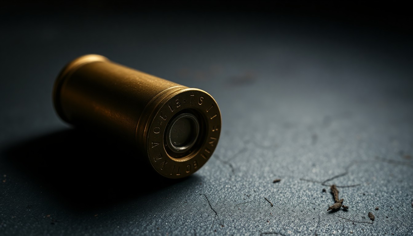 An extreme close-up of a spent .30-06 shell casing, its metallic surface reflecting the harsh light of the camera flash, conceptually representing the deadly firepower used against police during the standoff.
