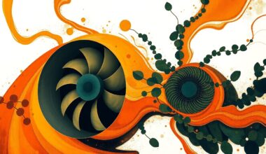 A highly textured, abstract painting in earthy tones depicting the sweeping geometric forms and precise botanical spirals of a massive industrial ventilation fan, conceptually representing the powerful smoke-clearing capabilities of this innovative firefighting technology.