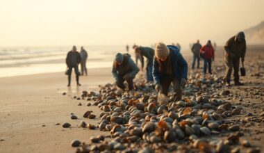 An abstract, out-of-focus photograph in soft, warm tones depicting people digging for razor clams on a beach, with the ocean and dunes visible in the background, capturing the peaceful, immersive experience of this coastal activity.
