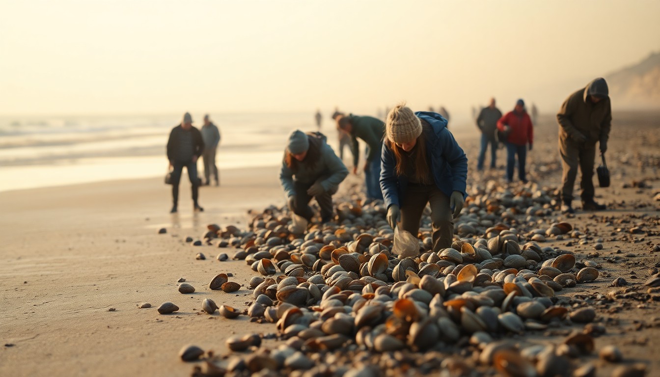 An abstract, out-of-focus photograph in soft, warm tones depicting people digging for razor clams on a beach, with the ocean and dunes visible in the background, capturing the peaceful, immersive experience of this coastal activity.