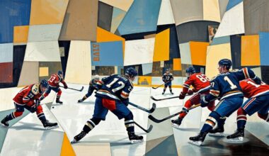 A fractured, multi-perspective painting in a cubist style, depicting the chaotic movements and physical contact of a hockey game. The players