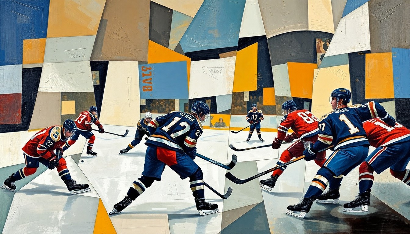 A fractured, multi-perspective painting in a cubist style, depicting the chaotic movements and physical contact of a hockey game. The players