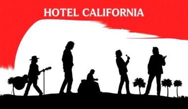 A striking black silhouette of the iconic Hotel California album cover art, rendered in a bold, minimalist graphic style with splashes of bright red and white, conceptually representing the band