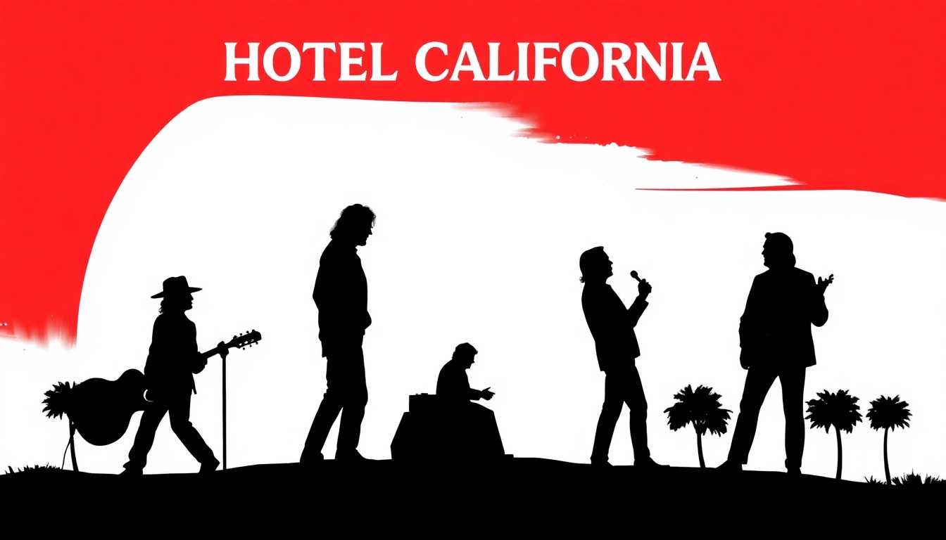 A striking black silhouette of the iconic Hotel California album cover art, rendered in a bold, minimalist graphic style with splashes of bright red and white, conceptually representing the band