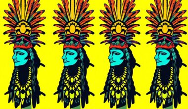 A high-contrast silkscreen print in neon colors depicting the intricate feathers and shells of an Aztec dancer