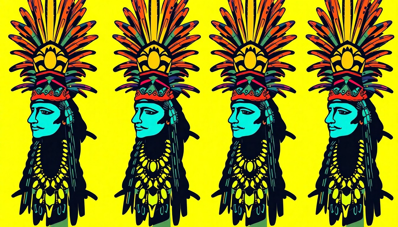 A high-contrast silkscreen print in neon colors depicting the intricate feathers and shells of an Aztec dancer