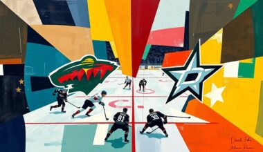 A cubist, geometric painting depicting a hockey game between the Minnesota Wild and Dallas Stars, with the players and action broken down into sharp, overlapping planes of vibrant team colors.