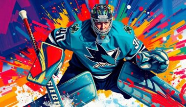 An abstract, energetic painting featuring bold, neon-colored brushstrokes that capture the dynamic movements and raw athleticism of a hockey goaltender, conveying the excitement and promise of the Sharks