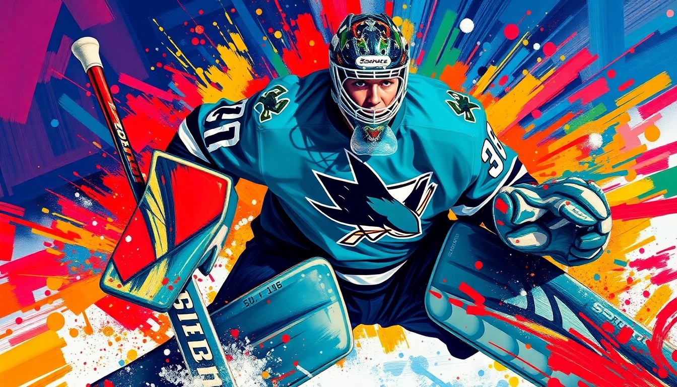 An abstract, energetic painting featuring bold, neon-colored brushstrokes that capture the dynamic movements and raw athleticism of a hockey goaltender, conveying the excitement and promise of the Sharks