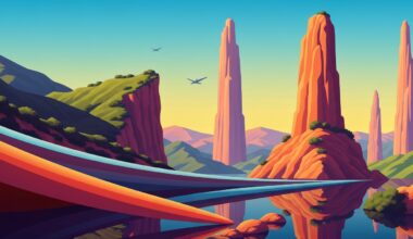 A bold, geometric illustration depicting the dramatic landscape of Catalina Island with towering, streamlined forms, conveying a sense of the scale and grandeur of the island