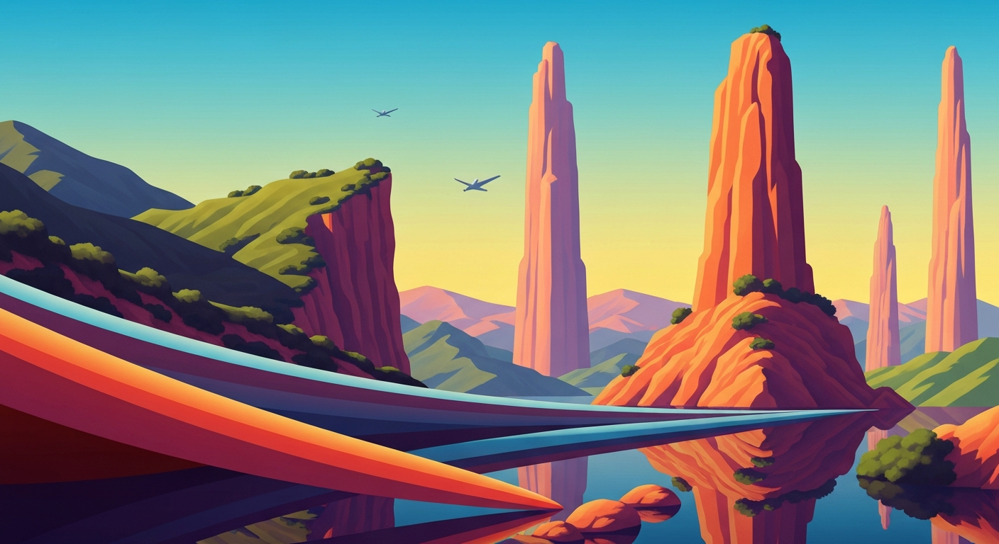 A bold, geometric illustration depicting the dramatic landscape of Catalina Island with towering, streamlined forms, conveying a sense of the scale and grandeur of the island