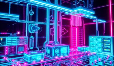 A highly detailed, glowing 3D illustration of futuristic AI hardware and infrastructure components, such as neural network processors, data servers, and fiber optic cables, all illuminated by neon cyan and magenta lights against a dark background, conceptually representing California