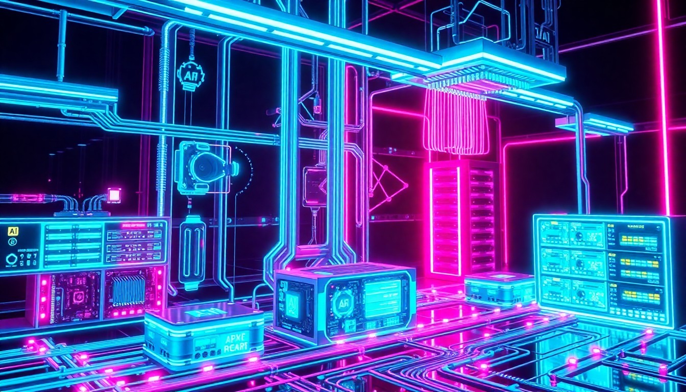 A highly detailed, glowing 3D illustration of futuristic AI hardware and infrastructure components, such as neural network processors, data servers, and fiber optic cables, all illuminated by neon cyan and magenta lights against a dark background, conceptually representing California