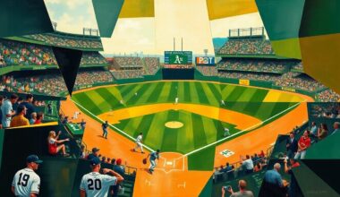 A fractured, multi-perspective painting in a cubist style, breaking down a baseball game or match into sharp, overlapping geometric planes in the colors of the Oakland Athletics team.