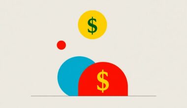 A vibrant, abstract illustration featuring overlapping triangles and circles in shades of blue, red, and yellow, conceptually representing the fluctuating value of the US Dollar.