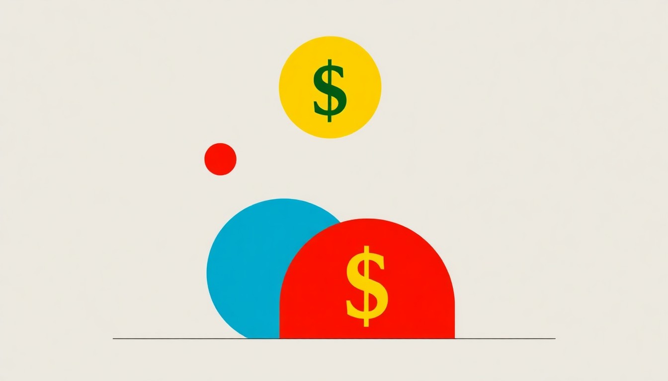 A vibrant, abstract illustration featuring overlapping triangles and circles in shades of blue, red, and yellow, conceptually representing the fluctuating value of the US Dollar.