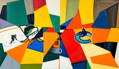 A cubist, geometric painting featuring overlapping planes of teal, orange, blue, and green, representing the action and energy of a hockey game between the Anaheim Ducks and Vancouver Canucks.