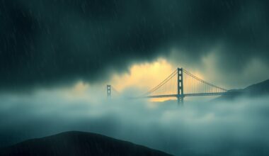 A dramatic, atmospheric landscape painting depicting a heavy rainstorm sweeping across the San Francisco Bay, with the Golden Gate Bridge barely visible through the mist and rain.