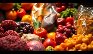 An extreme close-up of lush, textured organic produce and natural goods from Rainbow Grocery, captured in dramatic high-contrast studio lighting to create a celebratory, high-fashion aesthetic for the store