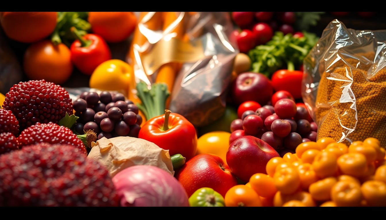 An extreme close-up of lush, textured organic produce and natural goods from Rainbow Grocery, captured in dramatic high-contrast studio lighting to create a celebratory, high-fashion aesthetic for the store