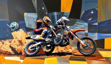 A fractured, multi-perspective painting in a cubist style, depicting the high-speed collision between two Supercross racers through sharp, overlapping geometric shapes and planes, conveying the chaos and intensity of the moment.
