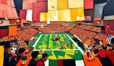 A fragmented, cubist-style painting depicting a 49ers football game, with sharp geometric shapes and planes in the team