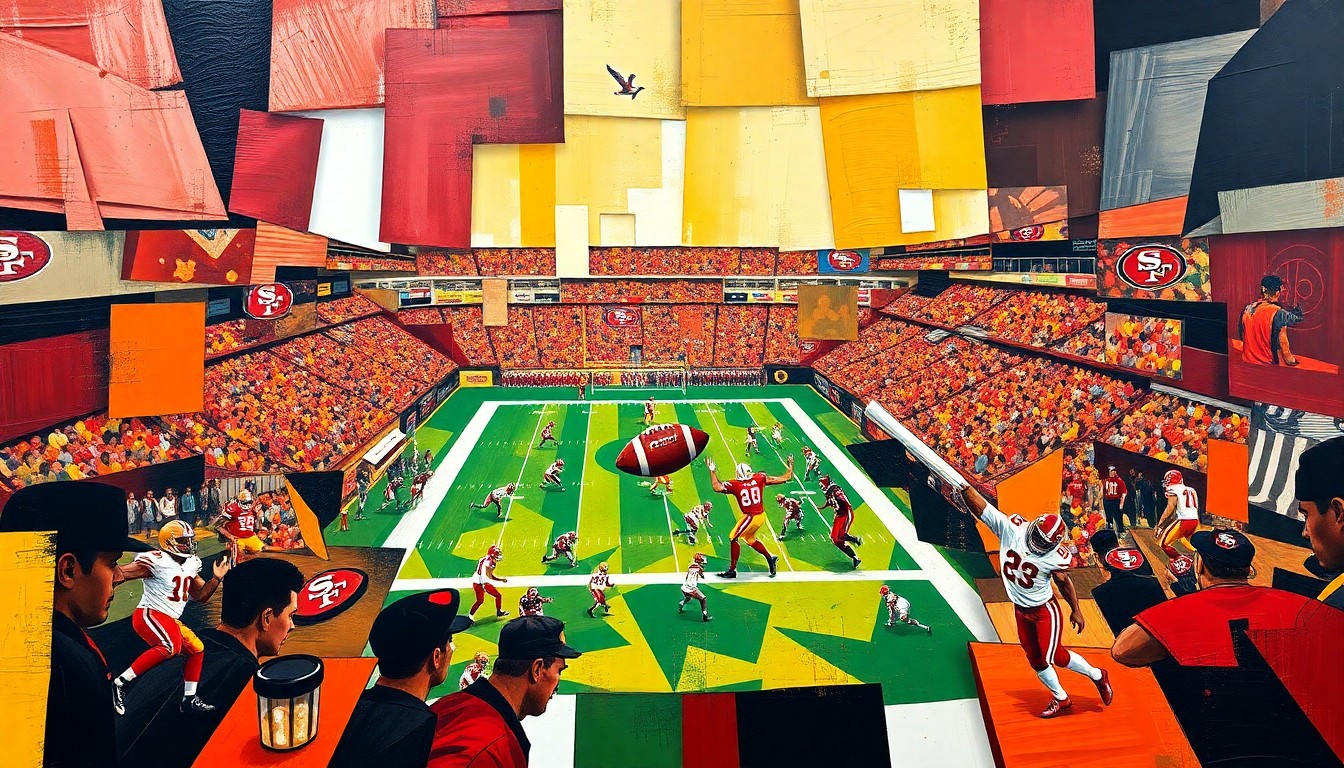 A fragmented, cubist-style painting depicting a 49ers football game, with sharp geometric shapes and planes in the team