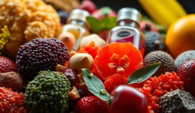 An extreme close-up of richly textured organic fruits and vegetables, herbs, and homeopathic products, conceptually representing the joyful community spirit of a local grocery store anniversary celebration.