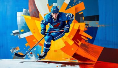 A fragmented, geometric painting depicting a hockey player in motion, with sharp planes of royal blue, fiery orange, and metallic silver, conceptually representing the Oilers