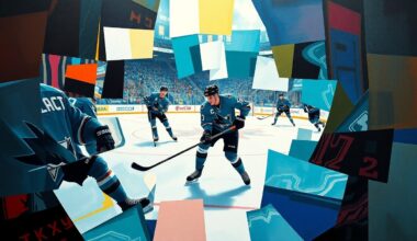 A cubist, geometric painting depicting a hockey player in Sharks colors, with the player