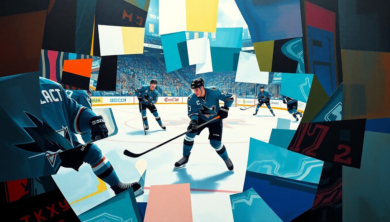 A cubist, geometric painting depicting a hockey player in Sharks colors, with the player